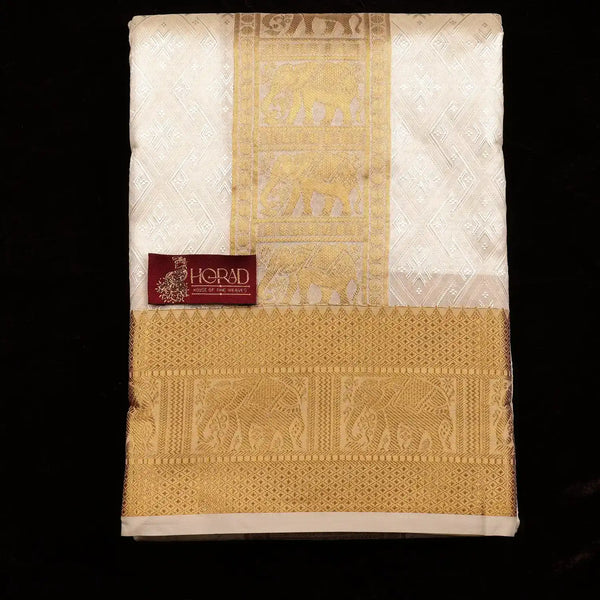 Horad Premium Art Silk Cream Emboss Elephant Shirt Material + Dhoti + Angavastram (3 in 1)