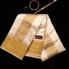 Horad Premium Art Silk Cream Emboss Elephant Shirt Material + Dhoti + Angavastram