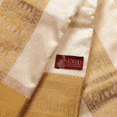 Horad Premium Art Silk Cream Emboss Elephant Shirt Material + Dhoti + Angavastram