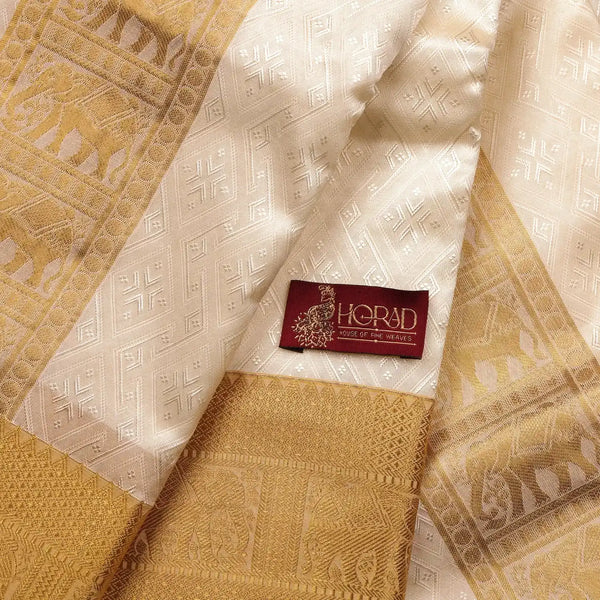Horad Premium Art Silk Cream Emboss Elephant Shirt Material + Dhoti + Angavastram (3 in 1)