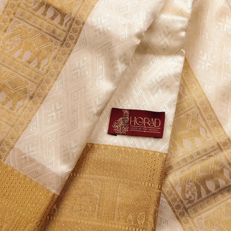 Horad Premium Art Silk Cream Emboss Elephant Shirt Material + Dhoti + Angavastram