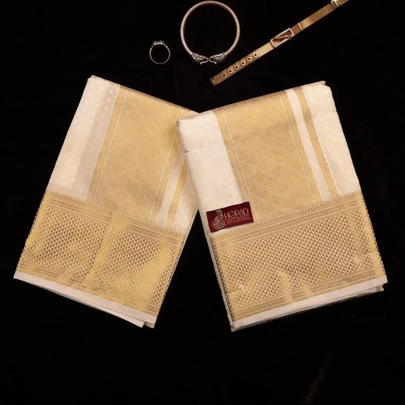 Horad Premium Art Silk Cream Emboss 4 Inch Border Shirt Material + Dhoti + Angavastram