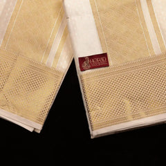 Horad Premium Art Silk Cream Emboss 4 Inch Border Shirt Material + Dhoti + Angavastram