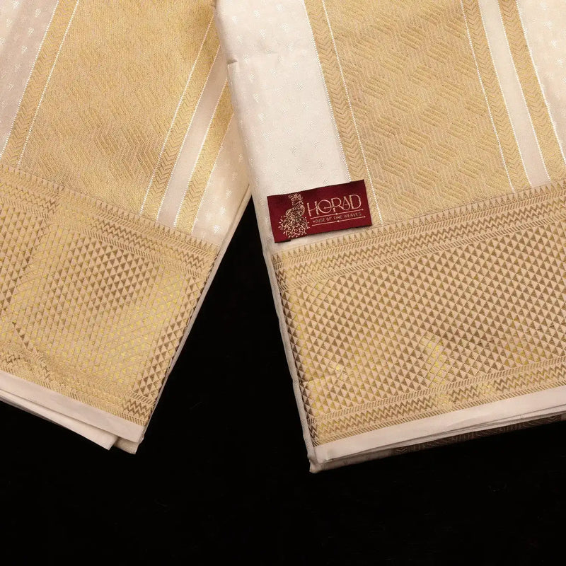 Horad Premium Art Silk Cream Emboss 4 Inch Border Shirt Material + Dhoti + Angavastram