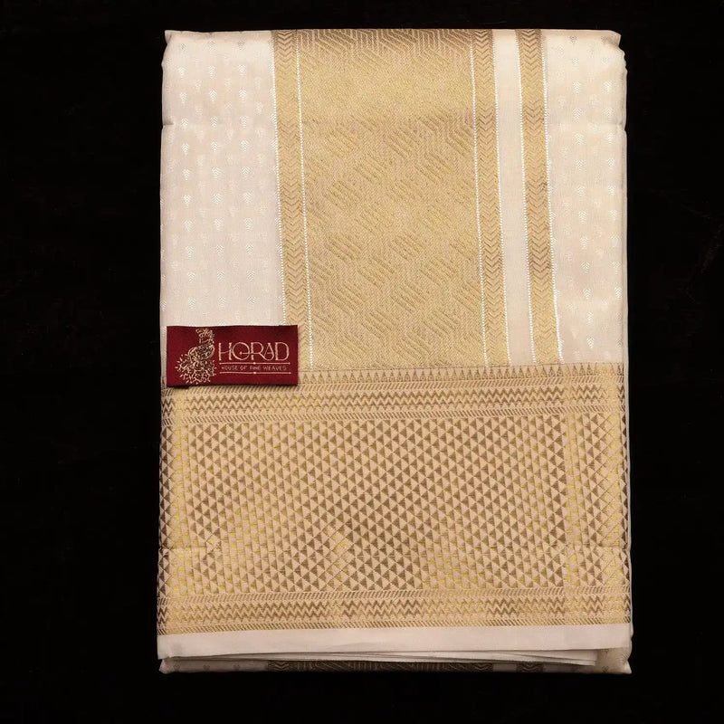 Horad Premium Art Silk Cream Emboss 4 Inch Border Shirt Material + Dhoti + Angavastram