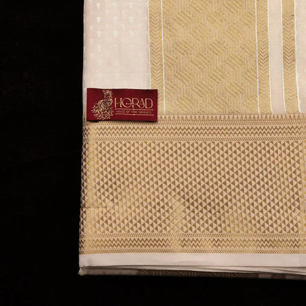 Horad Premium Art Silk Cream Emboss 4 Inch Border Shirt Material + Dhoti + Angavastram