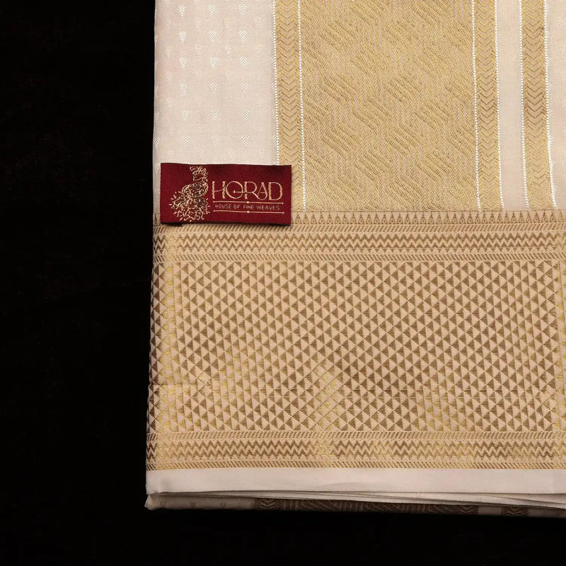 Horad Premium Art Silk Cream Emboss 4 Inch Border Shirt Material + Dhoti + Angavastram
