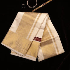 Horad Premium Art Silk Cream Emboss 4 Inch Border Shirt Material + Dhoti + Angavastram