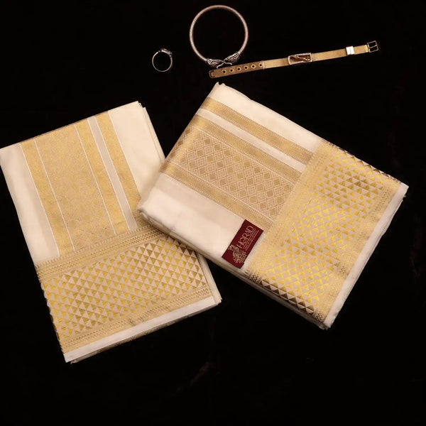 Horad Premium Art Silk Cream Emboss 4 Inch Border Shirt Material + Dhoti + Angavastram