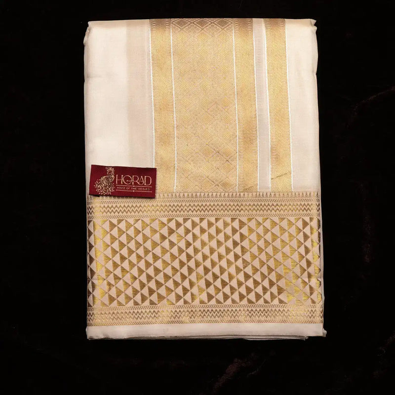 Horad Premium Art Silk Cream Emboss 4 Inch Border Shirt Material + Dhoti + Angavastram