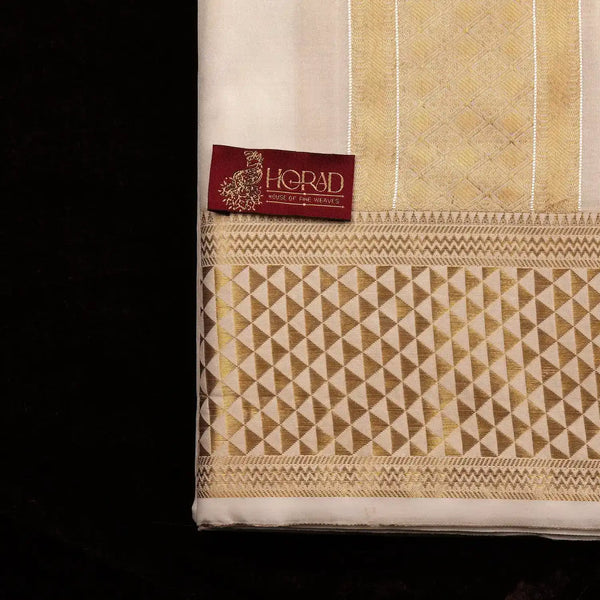 Horad Premium Art Silk Cream Emboss 4 Inch Border Shirt Material + Dhoti + Angavastram