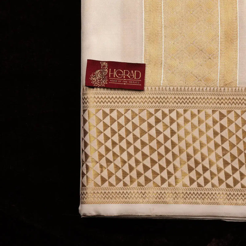 Horad Premium Art Silk Cream Emboss 4 Inch Border Shirt Material + Dhoti + Angavastram