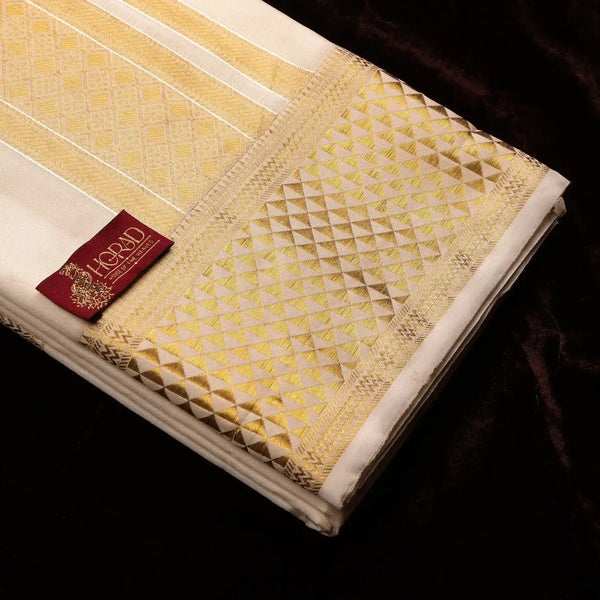 Horad Premium Art Silk Cream Emboss 4 Inch Border Shirt Material + Dhoti + Angavastram