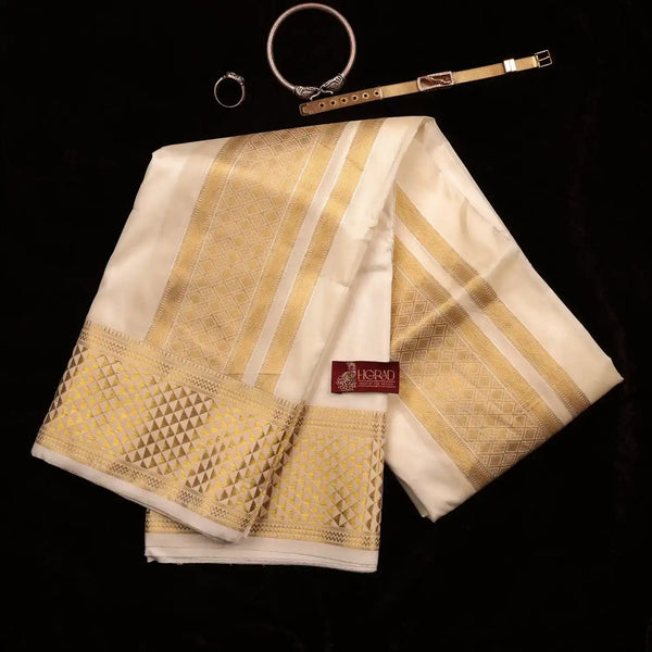 Horad Premium Art Silk Cream Emboss 4 Inch Border Shirt Material + Dhoti + Angavastram