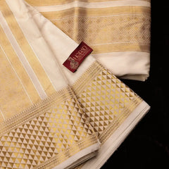 Horad Premium Art Silk Cream Emboss 4 Inch Border Shirt Material + Dhoti + Angavastram