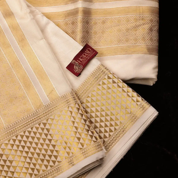 Horad Premium Art Silk Cream Emboss 4 Inch Border Shirt Material + Dhoti + Angavastram