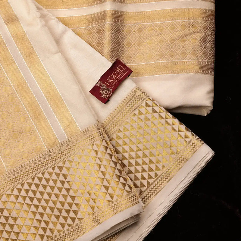 Horad Premium Art Silk Cream Emboss 4 Inch Border Shirt Material + Dhoti + Angavastram