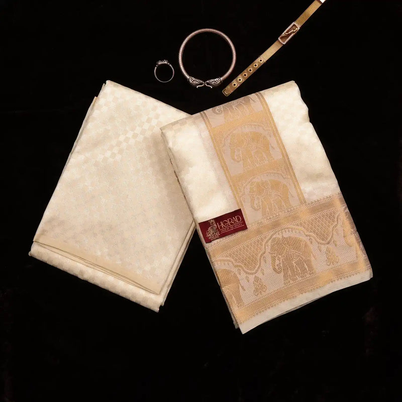 Horad Premium Art Silk Cream Emboss Elephant Border Shirt Material + Dhoti