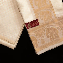 Horad Premium Art Silk Cream Emboss Elephant Border Shirt Material + Dhoti