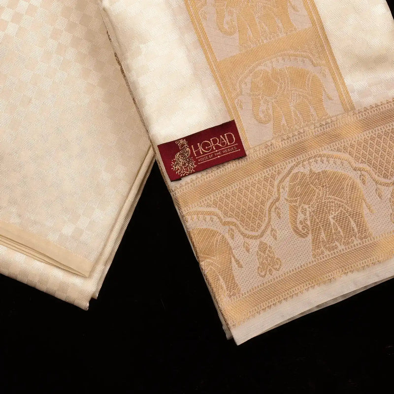 Horad Premium Art Silk Cream Emboss Elephant Border Shirt Material + Dhoti