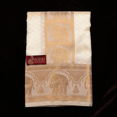 Horad Premium Art Silk Cream Emboss Elephant Border Shirt Material + Dhoti