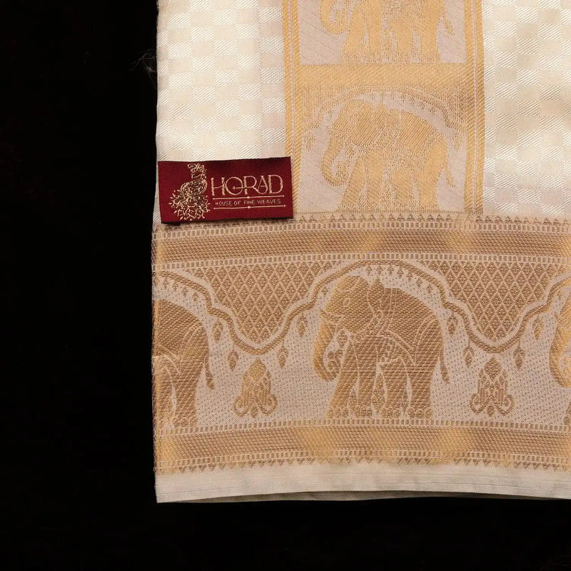 Horad Premium Art Silk Cream Emboss Elephant Border Shirt Material + Dhoti
