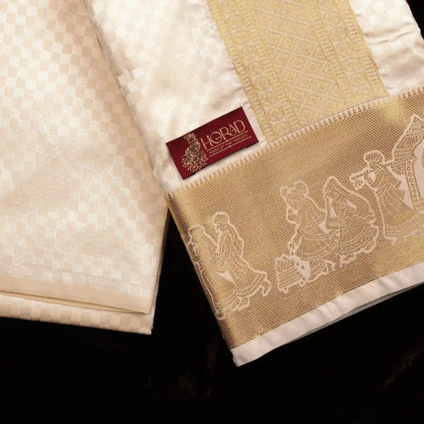 Horad Premium Art Silk Cream Emboss Pallaku Border Shirt Material + Dhoti + Angavastram (3 in 1)