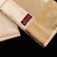 Horad Premium Art Silk Cream Emboss Pallaku Border Shirt Material + Dhoti + Angavastram