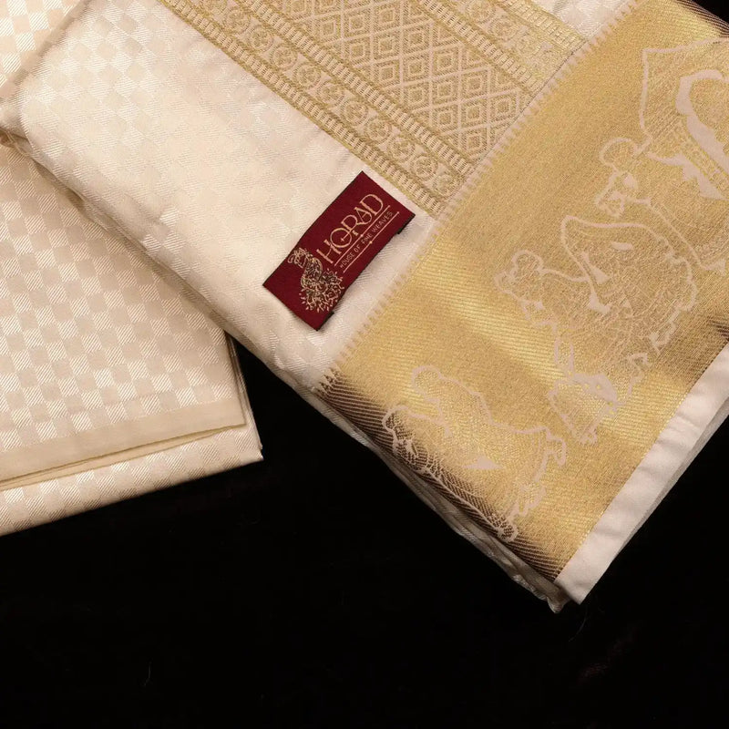 Horad Premium Art Silk Cream Emboss Pallaku Border Shirt Material + Dhoti + Angavastram