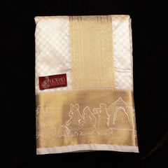 Horad Premium Art Silk Cream Emboss Pallaku Border Shirt Material + Dhoti + Angavastram