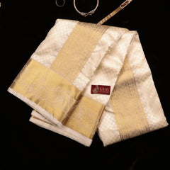 Horad Premium Art Silk Cream Emboss Pallaku Border Shirt Material + Dhoti + Angavastram