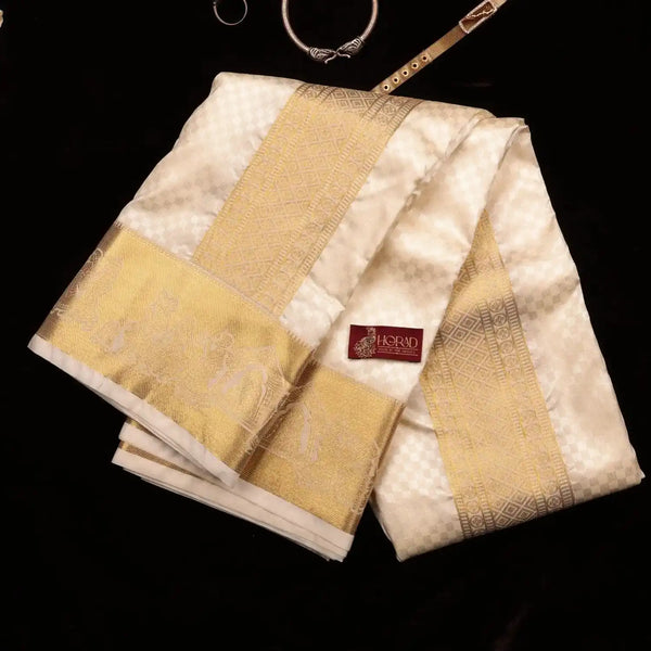 Horad Premium Art Silk Cream Emboss Pallaku Border Shirt Material + Dhoti + Angavastram (3 in 1)