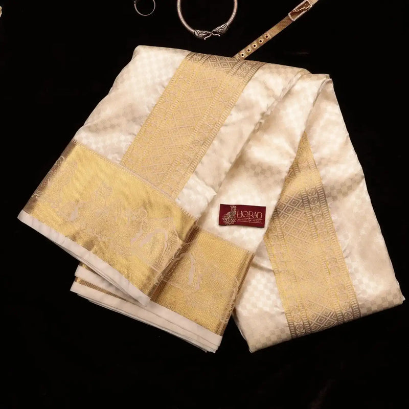 Horad Premium Art Silk Cream Emboss Pallaku Border Shirt Material + Dhoti + Angavastram