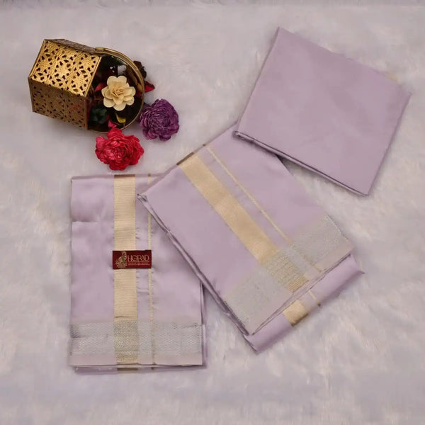 HORAD Premium Art Silk Lavender Shirt Material (3 Meter) + (9X5) Dhoti + Angavastram