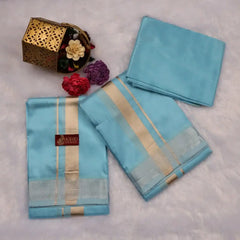 HORAD Premium Art Silk Sky Blue Dhoti with Shirt Material + Angavastram