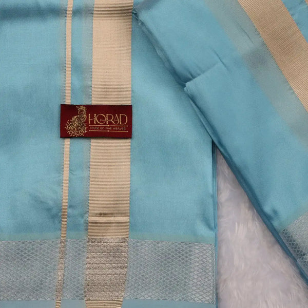 HORAD Premium Art Silk Sky Blue Shirt Material (3 Meter) + (9X5) Dhoti + Angavastram