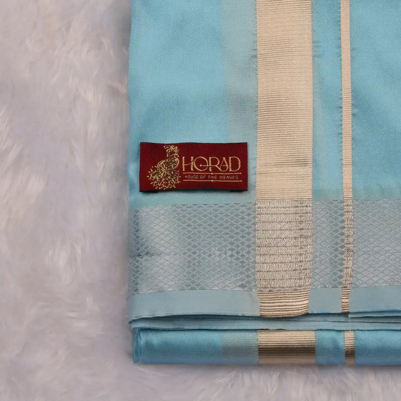 HORAD Premium Art Silk Sky Blue Dhoti with Shirt Material + Angavastram