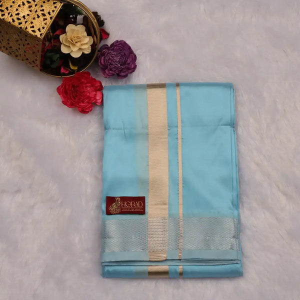 HORAD Premium Art Silk Sky Blue Dhoti with Shirt Material + Angavastram