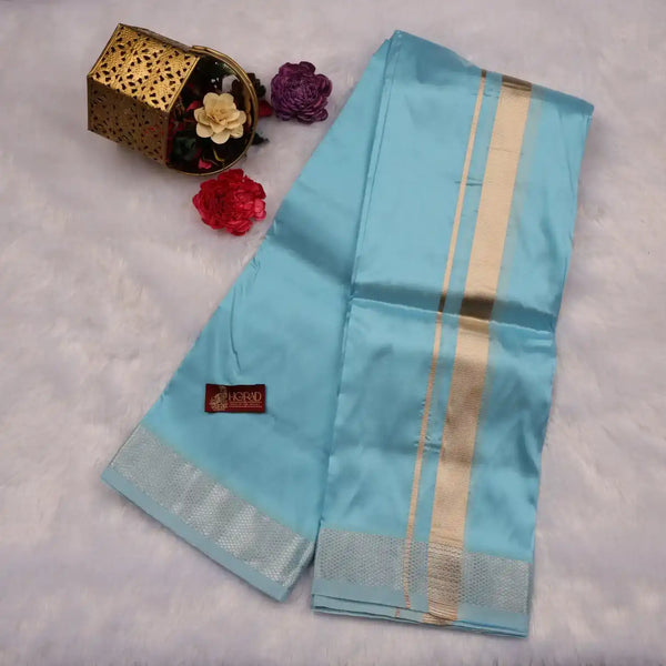 HORAD Premium Art Silk Sky Blue Dhoti with Shirt Material + Angavastram