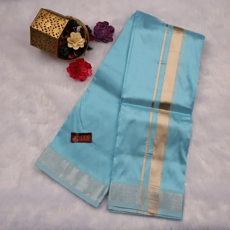 HORAD Premium Art Silk Sky Blue Dhoti with Shirt Material + Angavastram