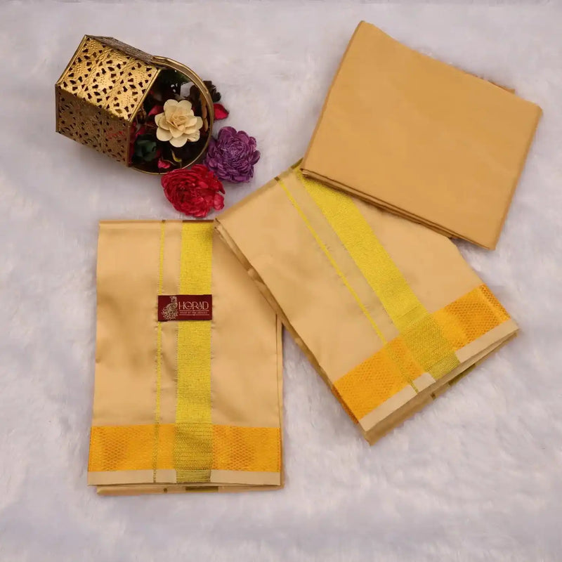 HORAD Premium Art Silk Light Gold  Shirt Material (3 Meter) + (9X5) Dhoti + Angavastram