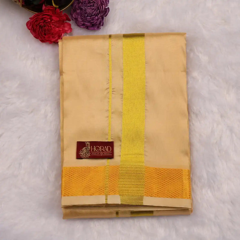 HORAD Premium Art Silk Light Gold  Shirt Material (3 Meter) + (9X5) Dhoti + Angavastram