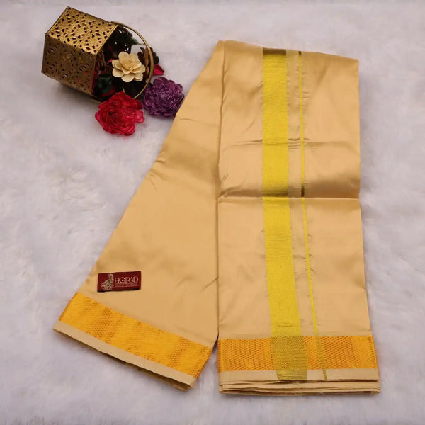 HORAD Premium Art Silk Light Gold  Shirt Material (3 Meter) + (9X5) Dhoti + Angavastram