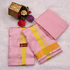 HORAD Premium Art Silk Petal Pink Shirt Material (3 Meter) + (9X5) Dhoti + Angavastram