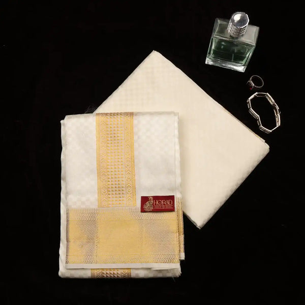 Horad Pure Silk Blend Cream Emboss Shirt Material + Dhoti ( 2 in 1 )