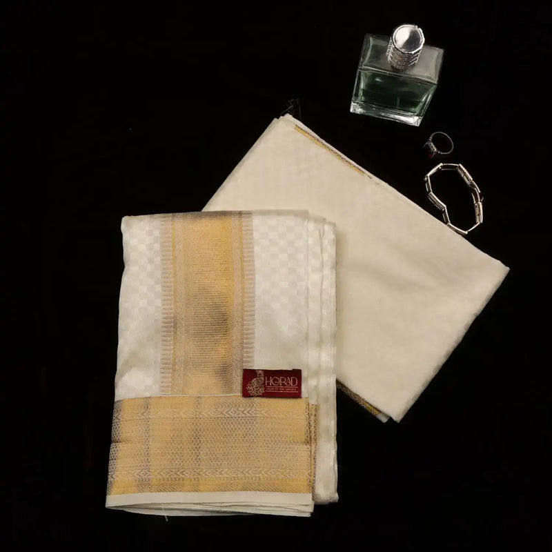 Horad Pure Silk Blend Cream Emboss Shirt Material + Dhoti ( 2 in 1 )