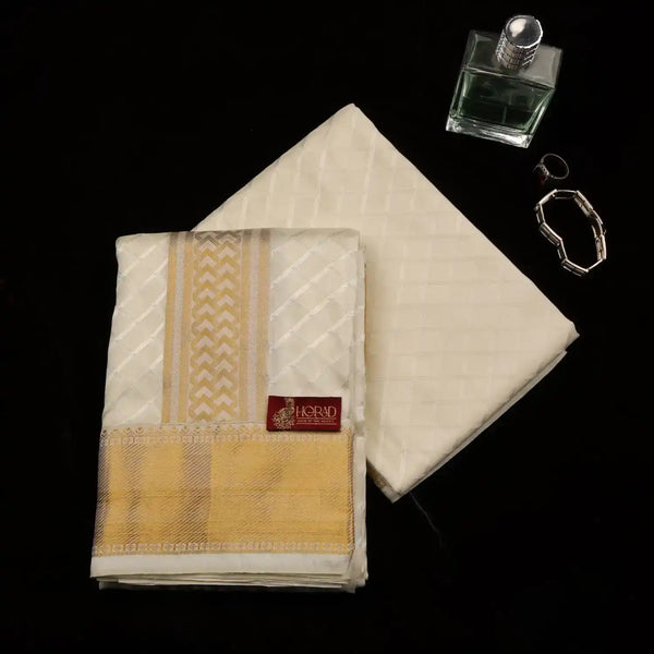 Horad Pure Silk Blend Cream Emboss Border Shirt Material + Dhoti (2 in 1)