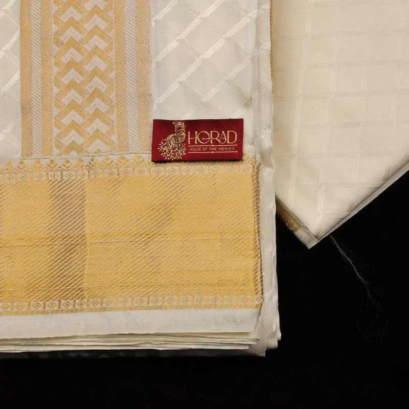 Horad Pure Silk Blend Cream Emboss Border Shirt Material + Dhoti ( 2 in 1 )