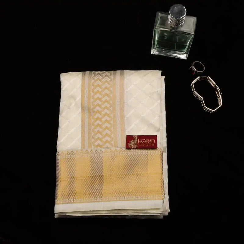 Horad Pure Silk Blend Cream Emboss Border Shirt Material + Dhoti ( 2 in 1 )