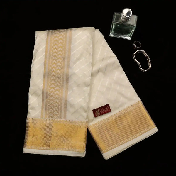 Horad Pure Silk Blend Cream Emboss Border Shirt Material + Dhoti (2 in 1)